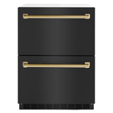 ZLINE Autograph Edition 24 in. Touchstone 168 Can Outdoor-Rated Dual Refrigerator Drawer with Black Stainless Steel Doors and Polished Gold Handles (RDSOZ-BS-24-G)
