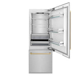 ZLINE Autograph Edition 30 in. 16.1 cu. ft. Built-In Bottom Freezer Refrigerator with Water Dispenser and Ice Maker in Satin Stainless Steel with Champagne Bronze Accents (RBIVZ-SN-30-CB)