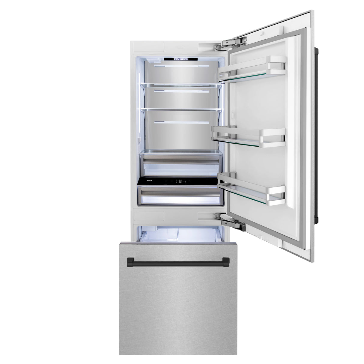 ZLINE Autograph Edition 30 in. 16.1 cu. ft. Built-In Bottom Freezer Refrigerator with Water Dispenser and Ice Maker in Satin Stainless Steel with Matte Black Accents (RBIVZ-SN-30-MB)