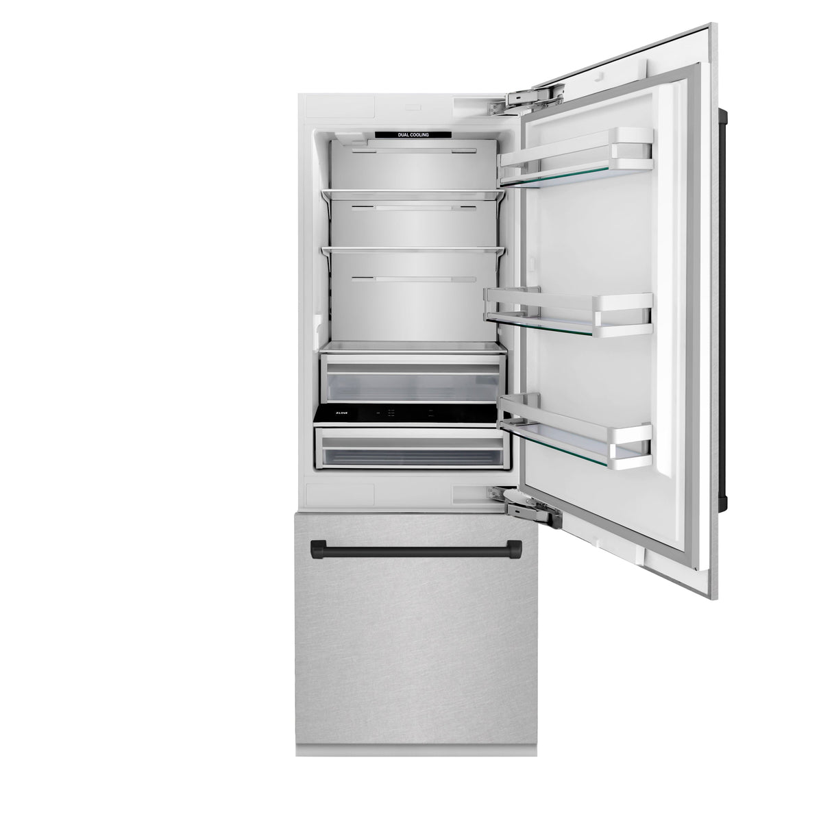 ZLINE Autograph Edition 30 in. 16.1 cu. ft. Built-In Bottom Freezer Refrigerator with Water Dispenser and Ice Maker in Satin Stainless Steel with Matte Black Accents (RBIVZ-SN-30-MB)