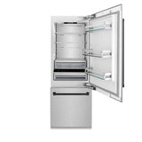 ZLINE Autograph Edition 30 in. 16.1 cu. ft. Built-In Bottom Freezer Refrigerator with Water Dispenser and Ice Maker in Satin Stainless Steel with Matte Black Accents (RBIVZ-SN-30-MB)