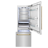 ZLINE Autograph Edition 30 in. 16.1 cu. ft. Built-In Bottom Freezer Refrigerator with Water Dispenser and Ice Maker in Stainless Steel with Polished Gold Accents (RBIVZ-304-30-G)