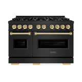 ZLINE Autograph Edition 48 in. 6.7 cu. ft. Classic Double Oven Gas Range with 8 Burner Cooktop in Black Stainless Steel and Polished Gold Accents (CGRBZ-48-G)