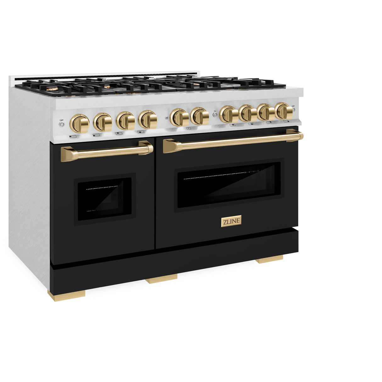 ZLINE Autograph Edition 48 in. 6.7 cu. ft. Classic Double Oven Gas Range with 8 Burner Cooktop in Satin Stainless Steel with Black Matte Doors and Polished Gold Accents (CGRSZ-BLM-48-G)