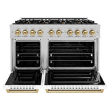 ZLINE Autograph Edition 48 in. 6.7 cu. ft. Classic Double Oven Dual Fuel Range with 8 Burner Gas Cooktop in Satin Stainless Steel with Black Matte Doors and Champagne Bronze Accents (CDRSZ-BLM-48-CB)