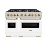ZLINE Autograph Edition 48 in. 6.7 cu. ft. Classic Double Oven Gas Range with 8 Burner Cooktop in Satin Stainless Steel with White Matte Doors and Polished Gold Accents (CGRSZ-WM-48-G)