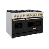 ZLINE Autograph Edition 48 in. 6.7 cu. ft. Classic Double Oven Gas Range with 8 Burner Cooktop in Stainless Steel with Black Matte Doors and Polished Gold Accents (CGRZ-BLM-48-G)