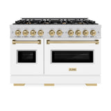 ZLINE Autograph Edition 48 in. 6.7 cu. ft. Classic Double Oven Gas Range with 8 Burner Cooktop in Stainless Steel with White Matte Doors and Champagne Bronze Accents (CGRZ-WM-48-CB)