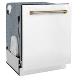 ZLINE Autograph Edition 30 in. Kitchen Package with Stainless Steel Dual Fuel Range with White Matte Door, Range Hood and Dishwasher with Champagne Bronze Accents (3AKP-RAWMRHDWM30-CB)