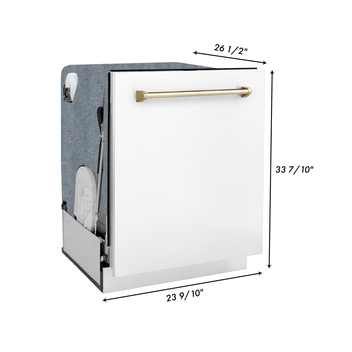 ZLINE Autograph Edition 36 in. Kitchen Package with Stainless Steel Dual Fuel Range with White Matte Door, Range Hood and Dishwasher with Polished Gold Accents (3AKP-RAWMRHDWM36-G)