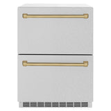 ZLINE Autograph Edition 24 in. Touchstone 168 Can Outdoor-Rated Dual Refrigerator Drawer with Satin Stainless Steel Doors and Champagne Bronze Handles (RDSOZ-SN-24-CB)