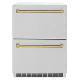ZLINE Autograph Edition 24 in. Touchstone 168 Can Outdoor-Rated Dual Refrigerator Drawer with Satin Stainless Steel Doors and Champagne Bronze Handles (RDSOZ-SN-24-CB)