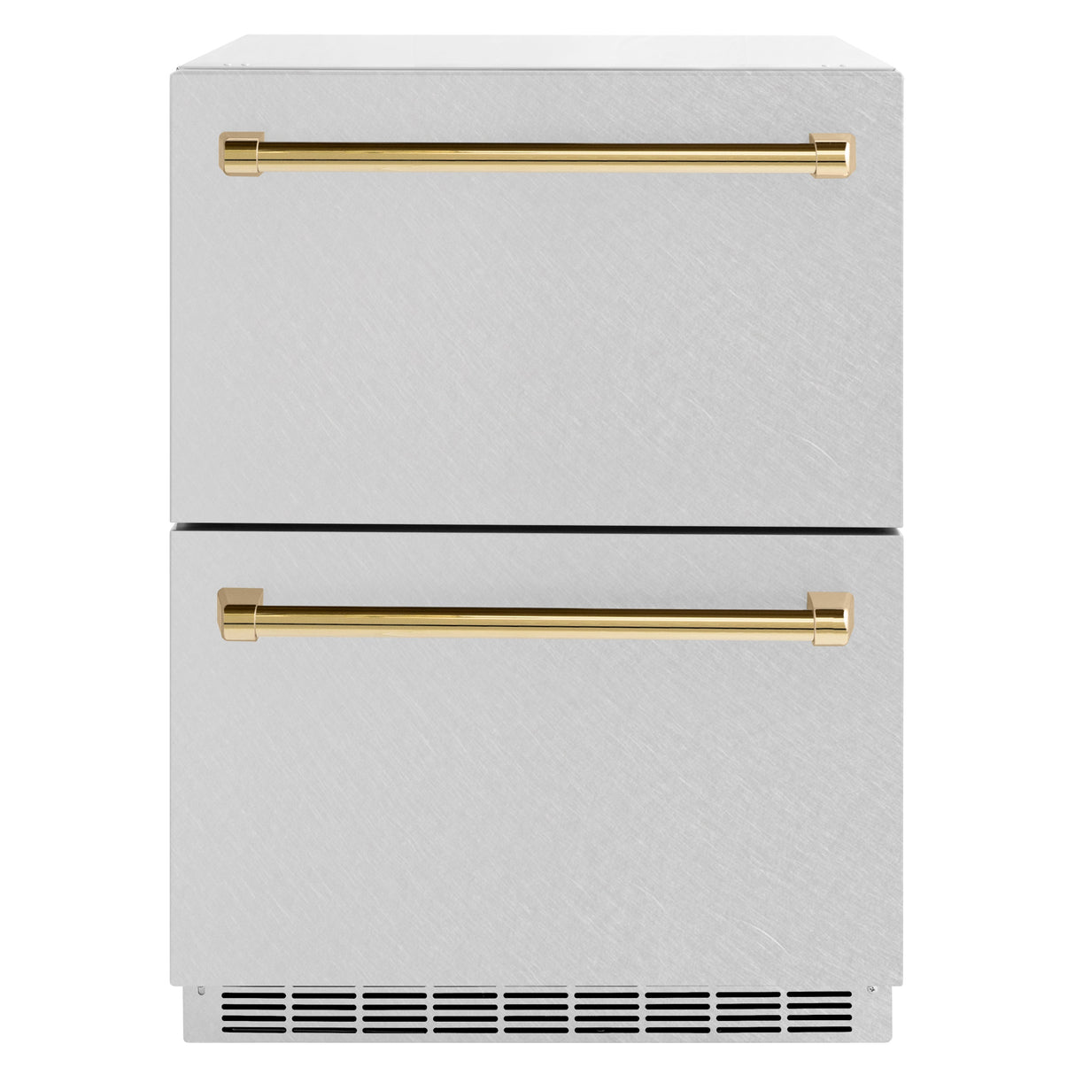 ZLINE Autograph Edition 24 in. Touchstone 168 Can Outdoor-Rated Dual Refrigerator Drawer with Satin Stainless Steel Doors and Polished Gold Handles (RDSOZ-SN-24-G)