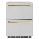 ZLINE Autograph Edition 24 in. Touchstone 168 Can Outdoor-Rated Dual Refrigerator Drawer with Satin Stainless Steel Doors and Polished Gold Handles (RDSOZ-SN-24-G)