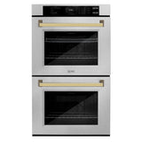 ZLINE 30 in. Autograph Edition Professional True Convection Double Wall Oven with Air Fry and Self Clean in Satin Stainless Steel with Polished Gold Handles (WADSZ-30-G)