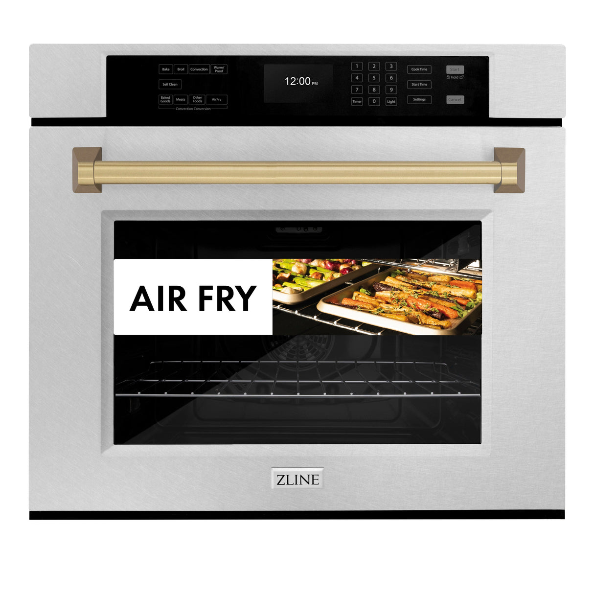 ZLINE 30 in. Autograph Edition Professional True Convection Single Wall Oven with Air Fry and Self Clean in Satin Stainless Steel with Champagne Bronze Handle (WASSZ-30-CB)