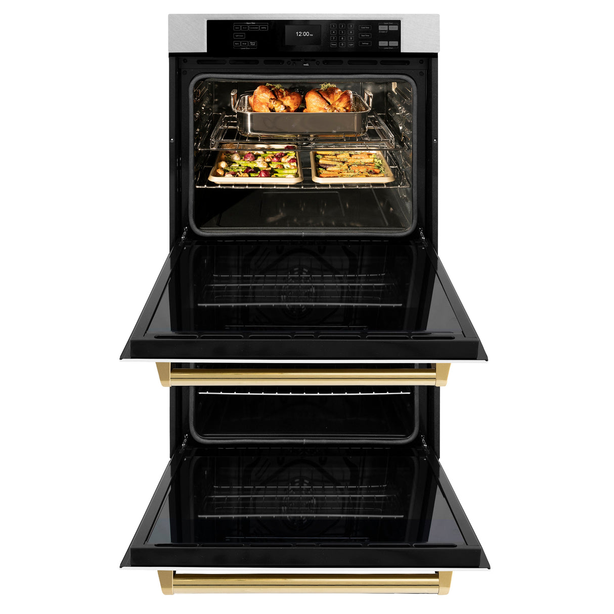 ZLINE 30 in. Autograph Edition Professional True Convection Double Wall Oven with Air Fry and Self Clean in Satin Stainless Steel with White Matte Doors and Polished Gold Handles (WADSZ-WM-30-G)