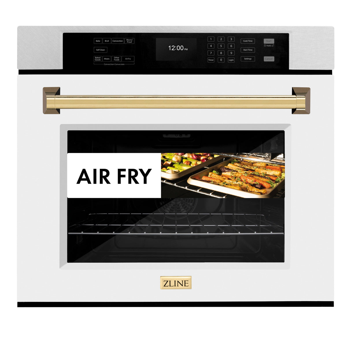 ZLINE 30 in. Autograph Edition Professional True Convection Single Wall Oven with Air Fry and Self Clean in Satin Stainless Steel with White Matte Door and Polished Gold Handle (WASSZ-WM-30-G)