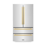 ZLINE Autograph Edition 36 in. 22.5 cu. ft. Counter-Depth French Door Refrigerator with Ice Maker in Fingerprint-Resistant Stainless Steel with Polished Gold Modern Handles (RFMZ-36-FG)