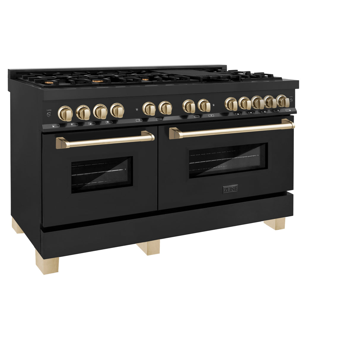 ZLINE Autograph Edition 60 in. 7.4 cu. ft. Legacy Dual Fuel Range with 9 Burner Gas Cooktop and 2 Electric Convection Ovens in Black Stainless Steel and Polished Gold Accents (RABZ-60-G)