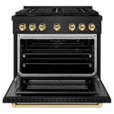 ZLINE Autograph Edition 36 in. 5.2 cu. ft. Paramount Gas Range with 6 Burner Cooktop and Convection Gas Oven in Black Stainless Steel and Polished Gold Accents (SGRBZ-36-G)