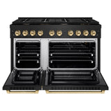 ZLINE Autograph Edition 48 in. 6.7 cu. ft. Paramount Double Oven Gas Range with 8 Burner Cooktop in Black Stainless Steel and Polished Gold Accents (SGRBZ-48-G)