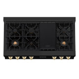 ZLINE Autograph Edition 48" Porcelain Rangetop with 7 Gas Burners in Black Stainless Steel and Polished Gold Accents (RTBZ-48-G)