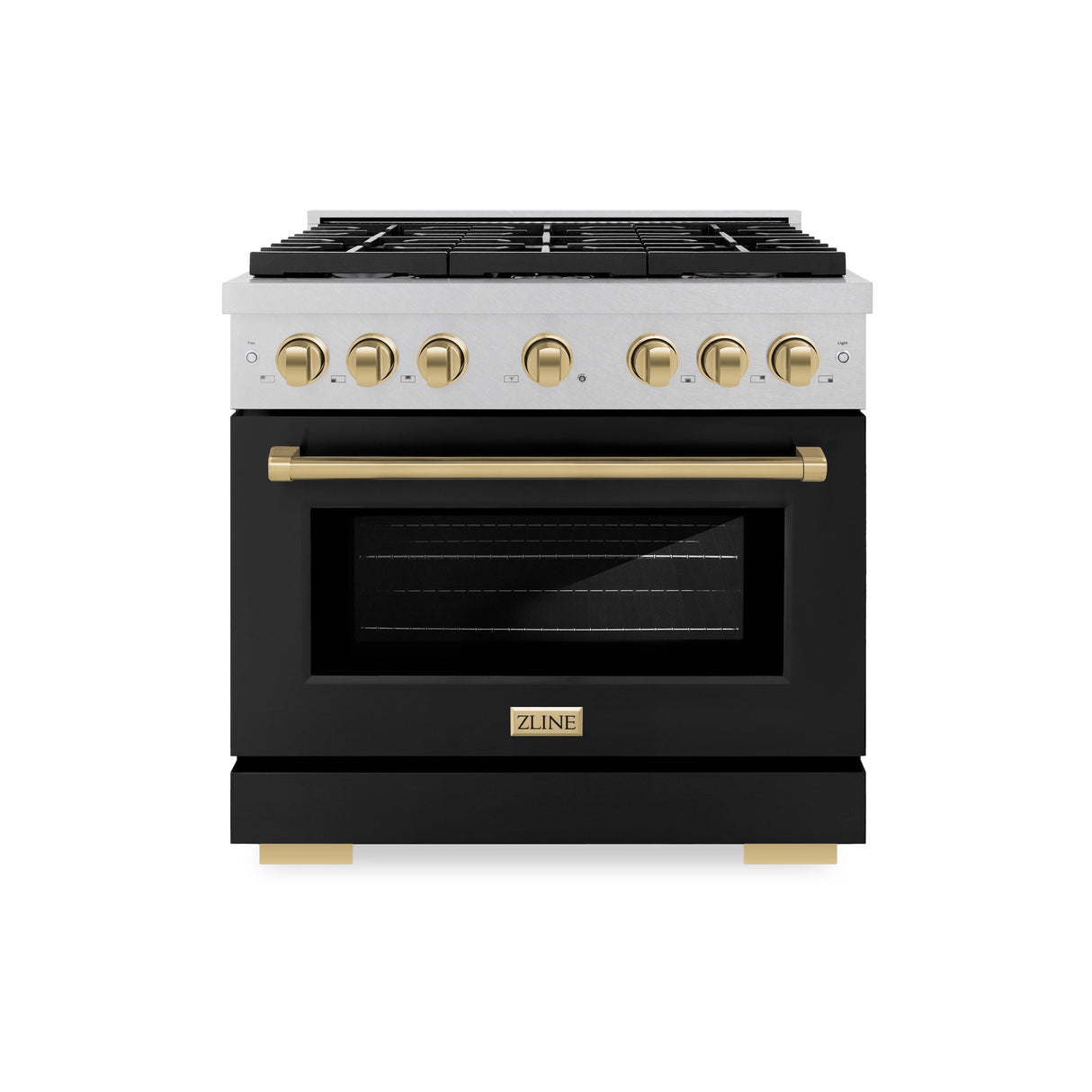 ZLINE Autograph Edition 36 in. 5.2 cu. ft. Paramount Dual Fuel Range with 6 Burner Gas Cooktop and Electric Convection Oven in Satin Stainless Steel with Black Matte Door and Champagne Bronze Accents (SDRSZ-BLM-36-CB)