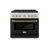 ZLINE Autograph Edition 36 in. 5.2 cu. ft. Paramount Dual Fuel Range with 6 Burner Gas Cooktop and Electric Convection Oven in Satin Stainless Steel with Black Matte Door and Polished Gold Accents (SDRSZ-BLM-36-G)
