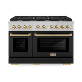 ZLINE Autograph Edition 48 in. 6.7 cu. ft. Paramount Double Oven Dual Fuel Range with 8 Burner Gas Cooktop in Satin Stainless Steel with Black Matte Doors and Champagne Bronze Accents (SDRSZ-BLM-48-CB)