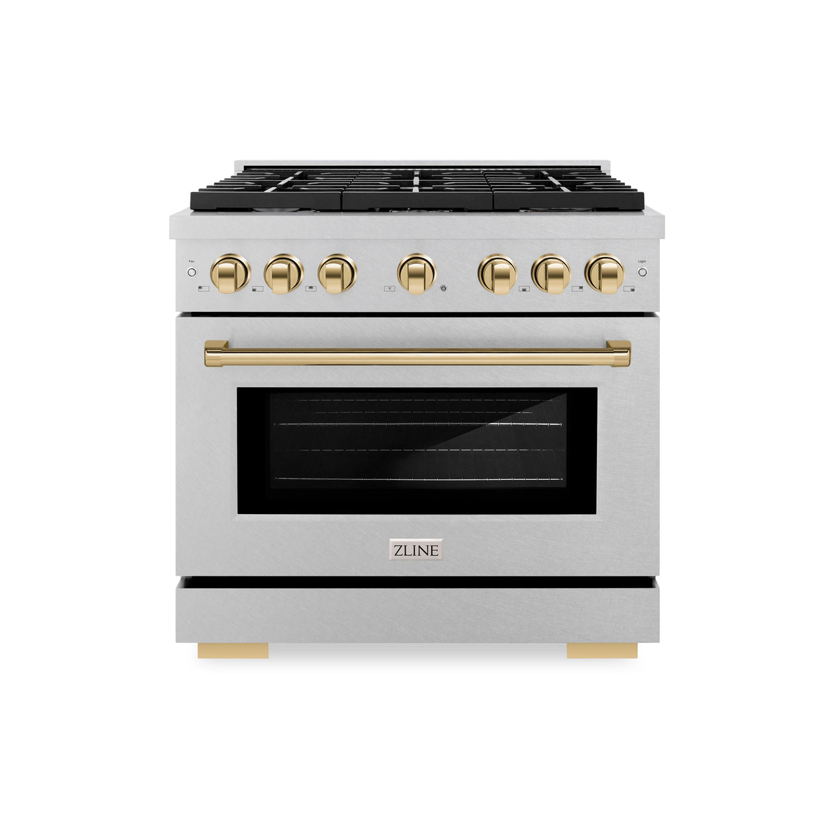 ZLINE Autograph Edition 36 in. 5.2 cu. ft. Paramount Dual Fuel Range with 6 Burner Gas Cooktop and Electric Convection Oven in Satin Stainless Steel with Polished Gold Accents (SDRSZ-36-G)