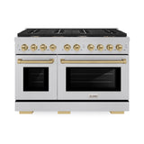 ZLINE Autograph Edition 48 in. 6.7 cu. ft. Paramount Double Oven Dual Fuel Range with 8 Burner Gas Cooktop in Satin Stainless Steel and Champagne Bronze Accents (SDRSZ-48-CB)