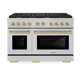 ZLINE Autograph Edition 48 in. 6.7 cu. ft. Paramount Double Oven Dual Fuel Range with 8 Burner Gas Cooktop in Satin Stainless Steel and Champagne Bronze Accents (SDRSZ-48-CB)