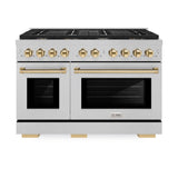 ZLINE Autograph Edition 48 in. 6.7 cu. ft. Paramount Double Oven Gas Range with 8 Burner Cooktop in Satin Stainless Steel and Polished Gold Accents (SGRSZ-48-G)