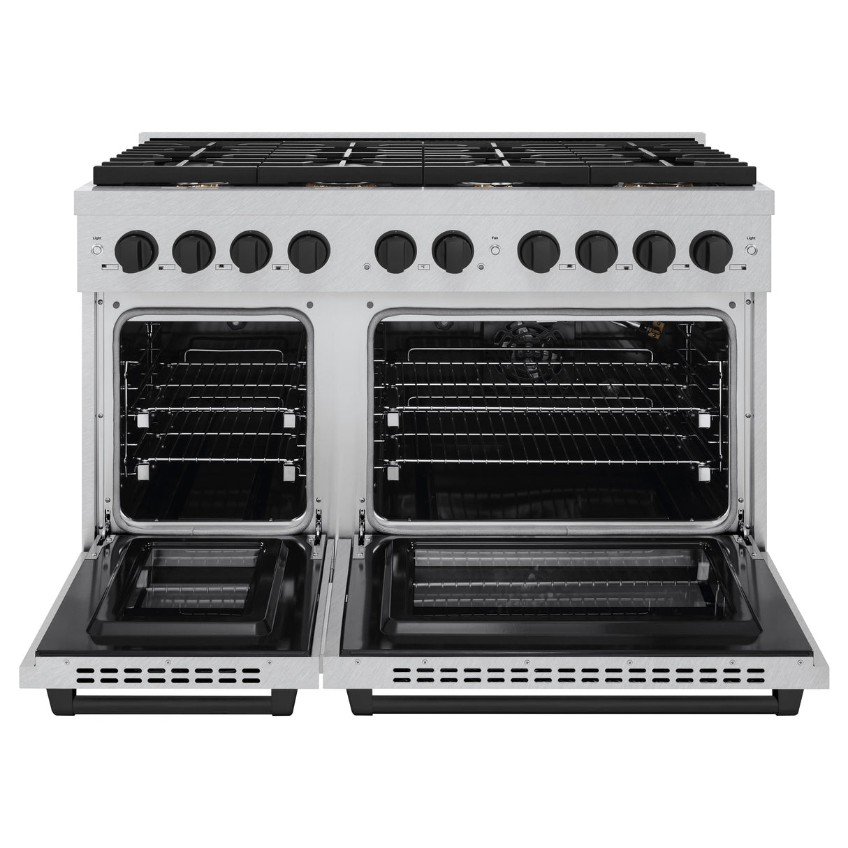 ZLINE Autograph Edition 48 in. 6.7 cu. ft. Paramount Double Oven Gas Range with 8 Burner Cooktop in Satin Stainless Steel and Matte Black Accents (SGRSZ-48-MB)