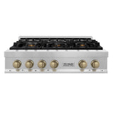 ZLINE Autograph Edition 36 in. Legacy Gas Rangetop with 6 Burners and Porcelain Cooktop in Satin Stainless Steel with Champagne Bronze Accents (RTSZ-36-CB)