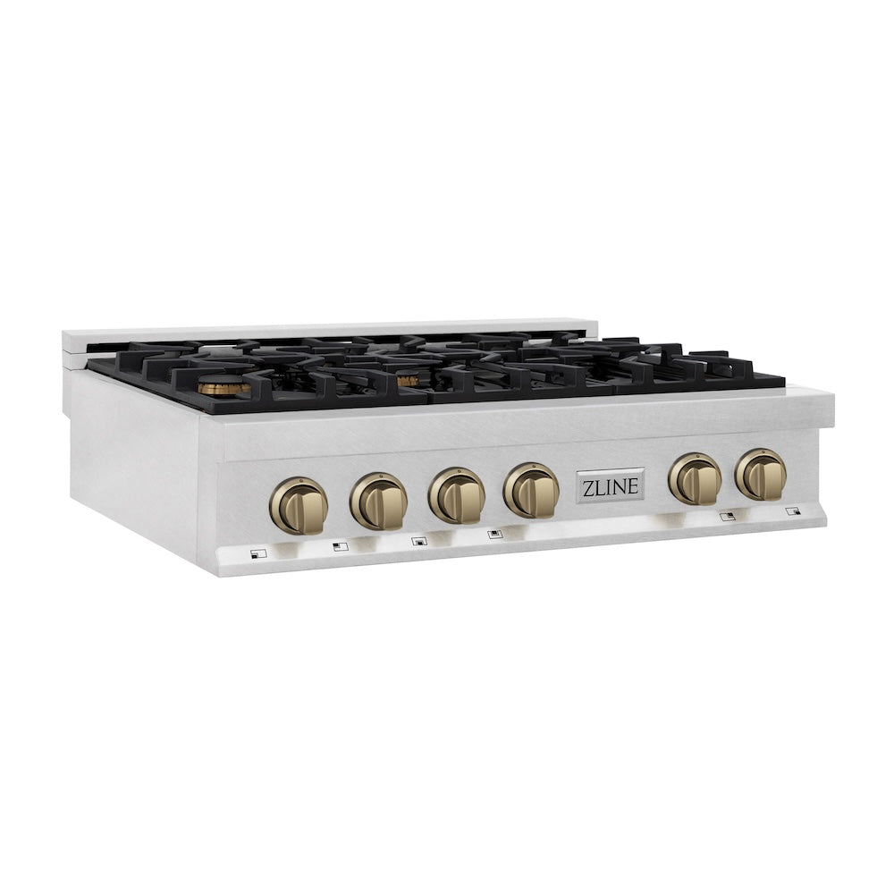 ZLINE Autograph Edition 36 in. Legacy Gas Rangetop with 6 Burners and Porcelain Cooktop in Satin Stainless Steel with Champagne Bronze Accents (RTSZ-36-CB)
