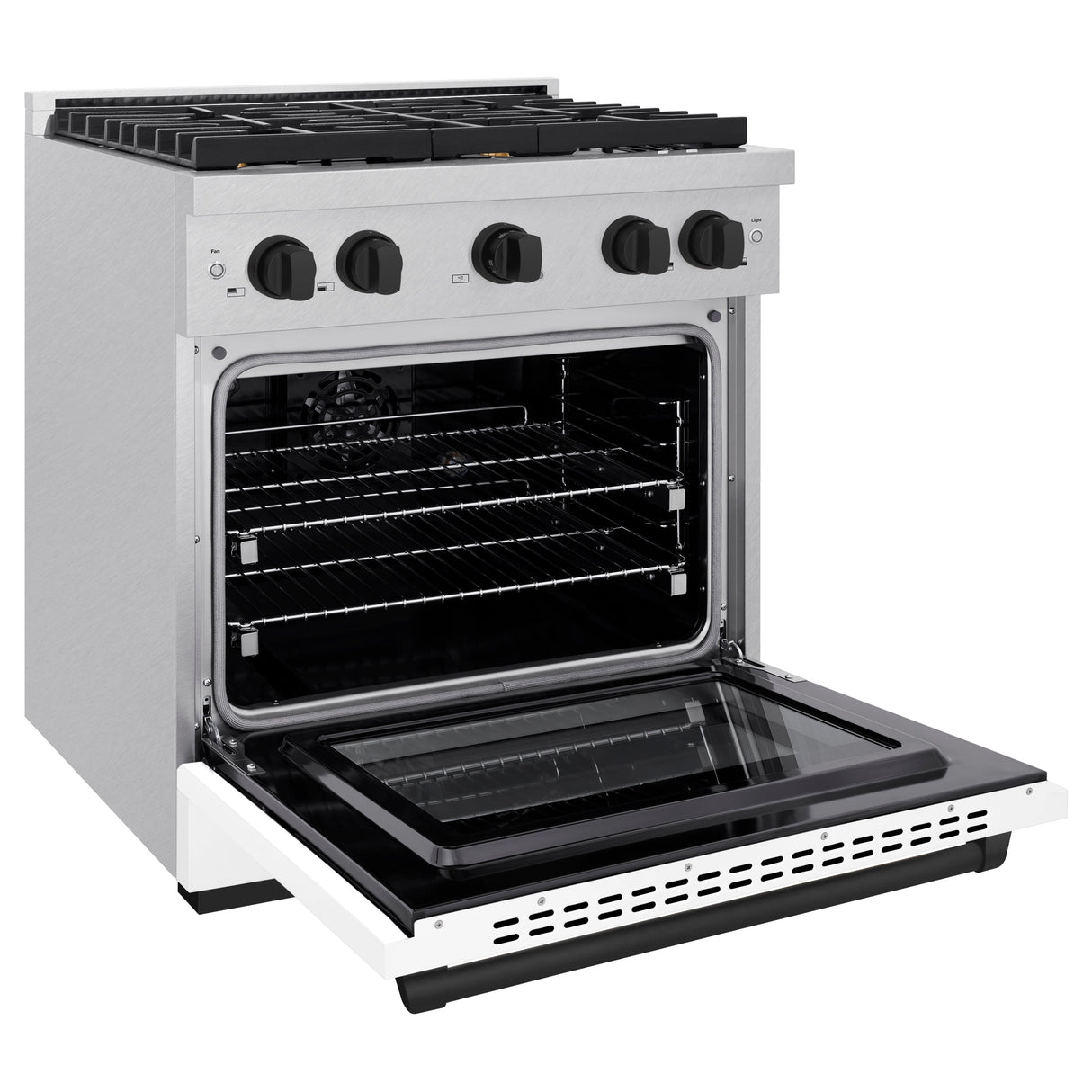 ZLINE Autograph Edition 30 in. 4.2 cu. ft. Paramount Dual Fuel Range with 4 Burner Gas Cooktop and Electric Convection Oven in Satin Stainless Steel with White Matte Door and Matte Black Accents (SDRSZ-WM-30-MB)