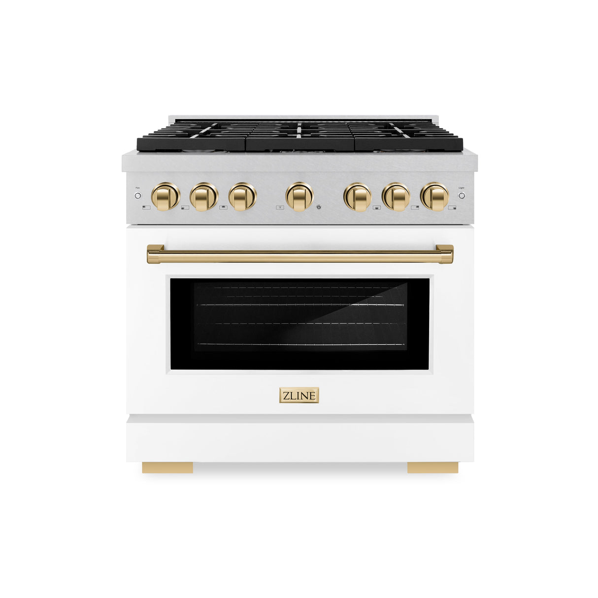ZLINE Autograph Edition 36 in. 5.2 cu. ft. Paramount Dual Fuel Range with 6 Burner Gas Cooktop and Electric Convection Oven in Satin Stainless Steel with White Matte Door and Polished Gold Accents (SDRSZ-WM-36-G)