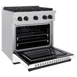 ZLINE Autograph Edition 30 in. 4.2 cu. ft. Paramount Gas Range with 4 Burner Cooktop and Convection Gas Oven in Satin Stainless Steel with White Matte Door and Matte Black Accents (SGRSZ-WM-30-MB)