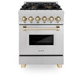 ZLINE Autograph Edition 24 in. 2.8 cu. ft. Legacy Dual Fuel Range with 4 Burner Gas Cooktop and Electric Convection Oven in Satin Stainless Steel and Polished Gold Accents (RASZ-SN-24-G)
