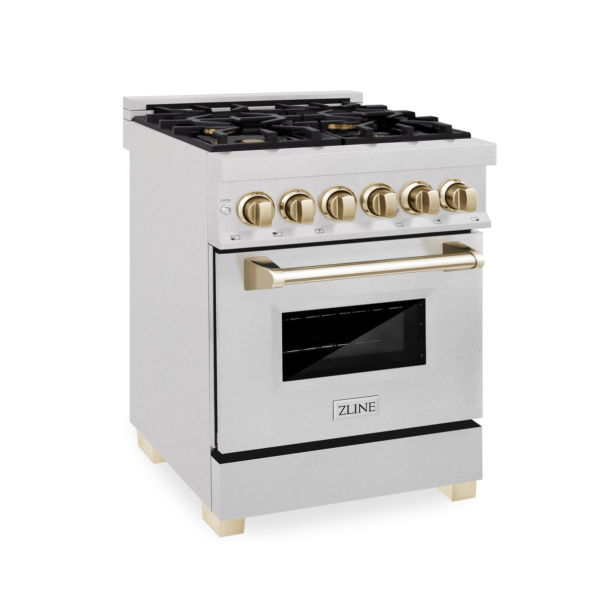 ZLINE Autograph Edition 24 in. 2.8 cu. ft. Legacy Dual Fuel Range with 4 Burner Gas Cooktop and Electric Convection Oven in Satin Stainless Steel and Polished Gold Accents (RASZ-SN-24-G)
