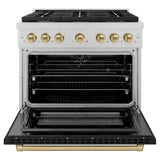 ZLINE Autograph Edition 36 in. 5.2 cu. ft. Paramount Dual Fuel Range with 6 Burner Gas Cooktop and Electric Convection Oven in Satin Stainless Steel with Black Matte Door and Champagne Bronze Accents (SDRSZ-BLM-36-CB)