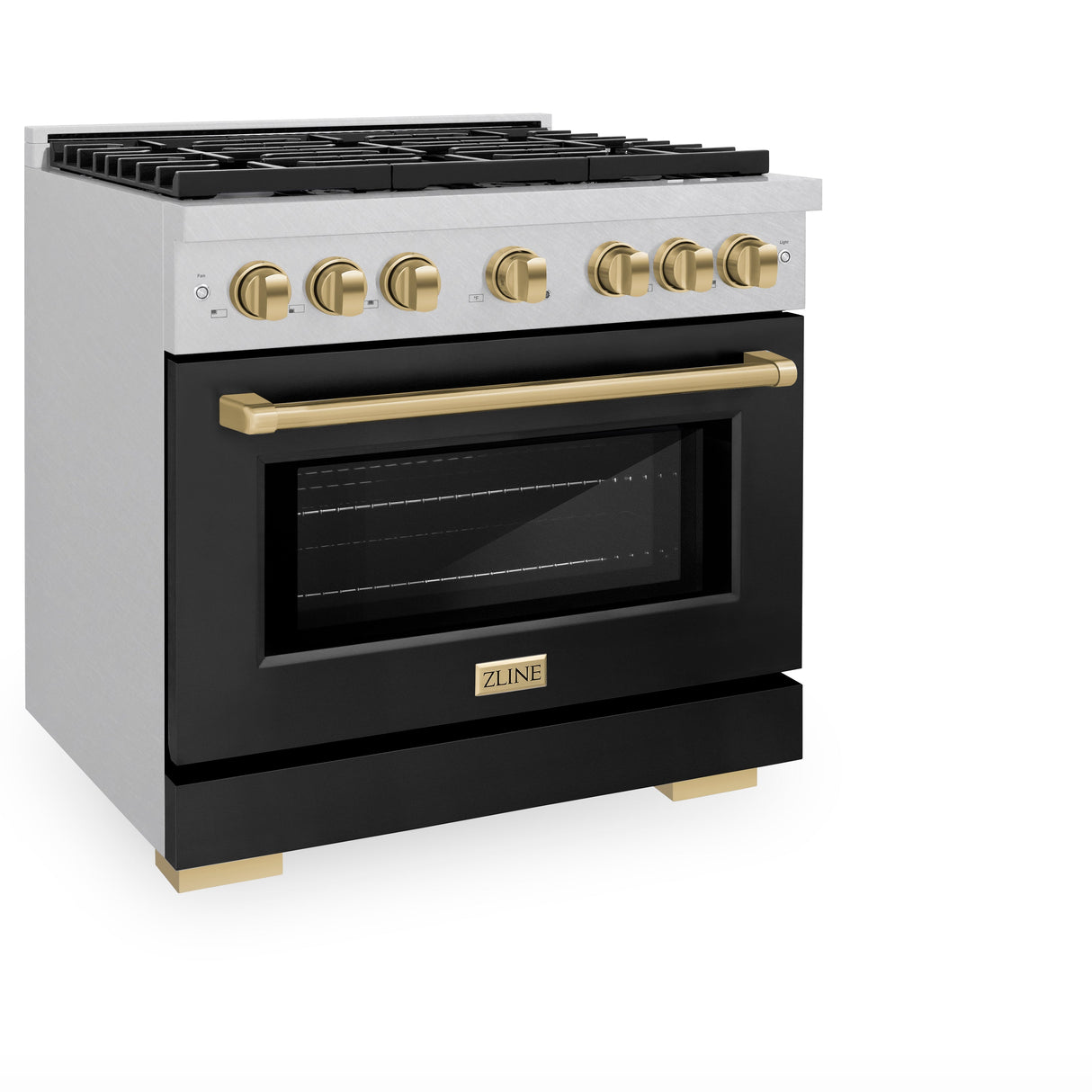 ZLINE Autograph Edition 36 in. 5.2 cu. ft. Paramount Dual Fuel Range with 6 Burner Gas Cooktop and Electric Convection Oven in Satin Stainless Steel with Black Matte Door and Champagne Bronze Accents (SDRSZ-BLM-36-CB)