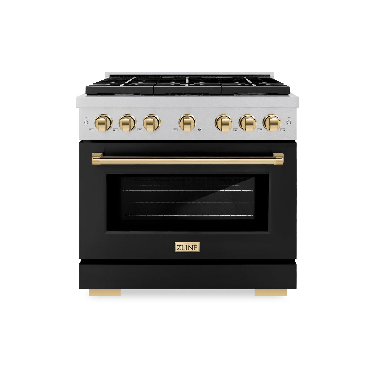 ZLINE Autograph Edition 36 in. 5.2 cu. ft. Paramount Dual Fuel Range with 6 Burner Gas Cooktop and Electric Convection Oven in Satin Stainless Steel with Black Matte Door and Polished Gold Accents (SDRSZ-BLM-36-G)
