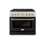 ZLINE Autograph Edition 36 in. 5.2 cu. ft. Paramount Dual Fuel Range with 6 Burner Gas Cooktop and Electric Convection Oven in Satin Stainless Steel with Black Matte Door and Polished Gold Accents (SDRSZ-BLM-36-G)