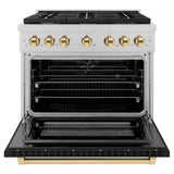 ZLINE Autograph Edition 36 in. 5.2 cu. ft. Paramount Dual Fuel Range with 6 Burner Gas Cooktop and Electric Convection Oven in Satin Stainless Steel with Black Matte Door and Polished Gold Accents (SDRSZ-BLM-36-G)