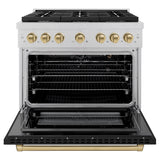 ZLINE Autograph Edition 36 in. 5.2 cu. ft. Paramount Gas Range with 6 Burner Cooktop and Convection Gas Oven in Satin Stainless Steel with Black Matte Door and Champagne Bronze Accents (SGRSZ-BLM-36-CB)