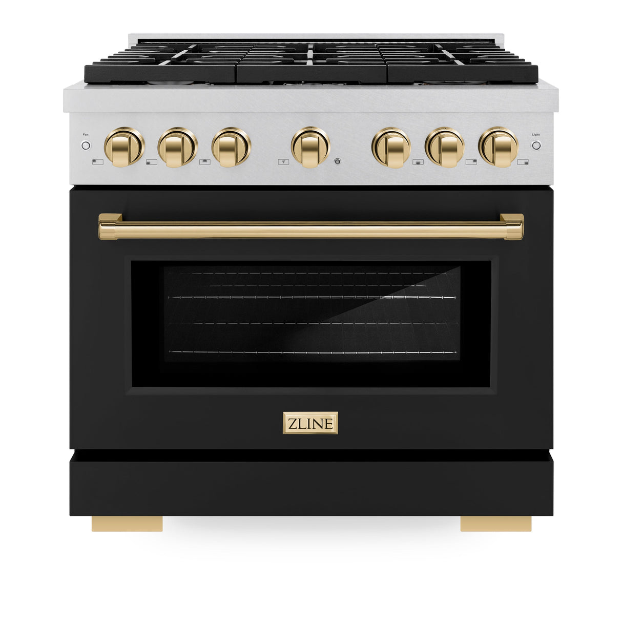 ZLINE Autograph Edition 36 in. 5.2 cu. ft. Paramount Gas Range with 6 Burner Cooktop and Convection Gas Oven in Satin Stainless Steel with Black Matte Door and Polished Gold Accents (SGRSZ-BLM-36-G)