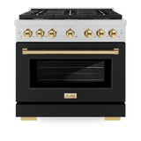 ZLINE Autograph Edition 36 in. 5.2 cu. ft. Paramount Gas Range with 6 Burner Cooktop and Convection Gas Oven in Satin Stainless Steel with Black Matte Door and Polished Gold Accents (SGRSZ-BLM-36-G)